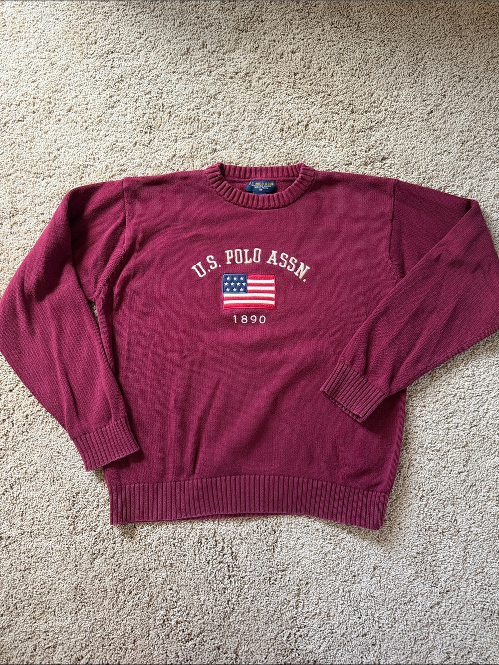 U.S. Polo Assn. Maroon Crewneck Sweater with Embroidered Flag